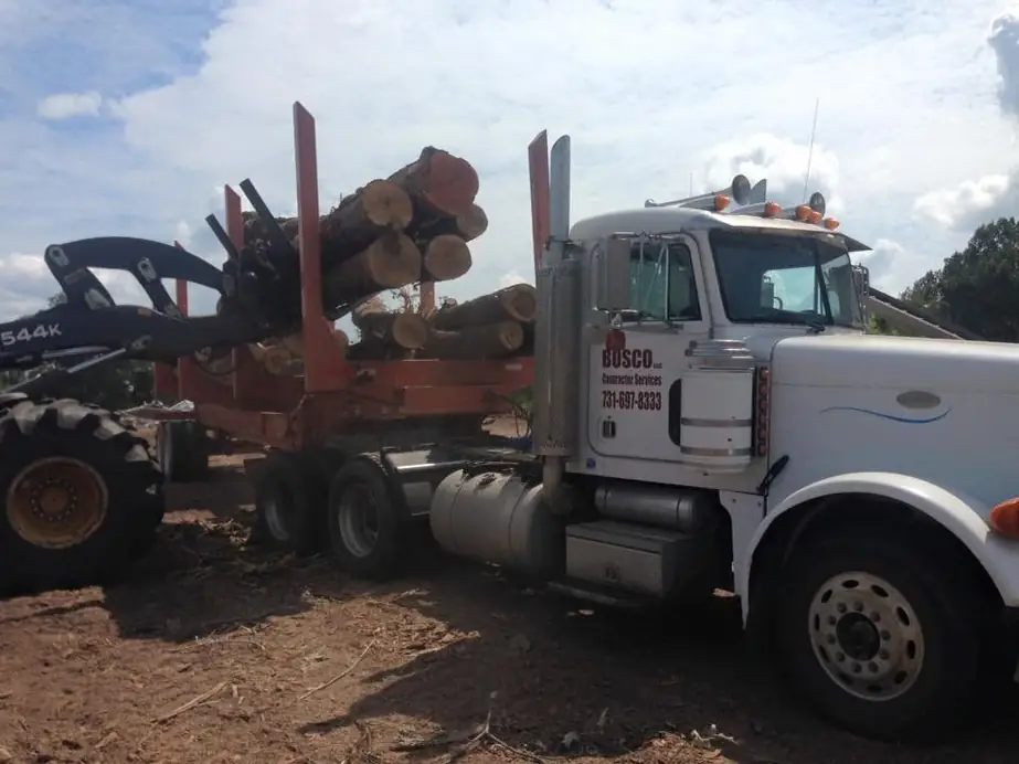 A Bosco log truck loaded with cut timber beside a loader on freshly cleared ground